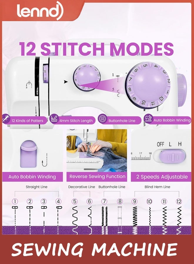 LENND Sewing Machine with 12 Stitch Patterns, Adjustable 2-Speed Control, Foot Pedal & LED Light, 32-Color Thread Set, Portable Mini Electric Sewing Kit for Home Projects, Kids & Adults - Image 2